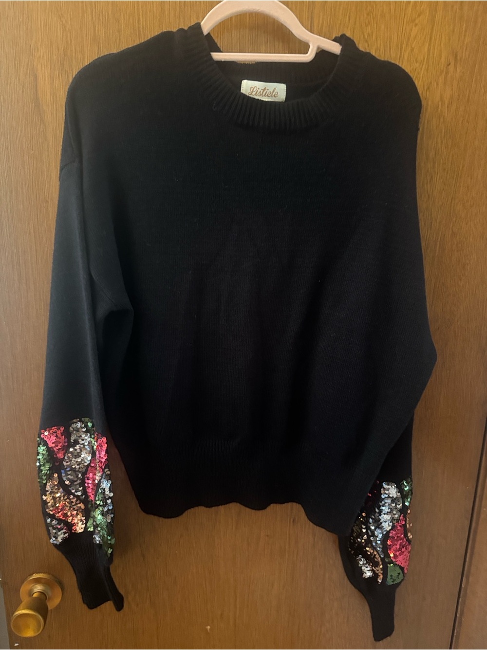 Listicle Black Crewneck Sweater with Multicolor Sequin Arm embellishment